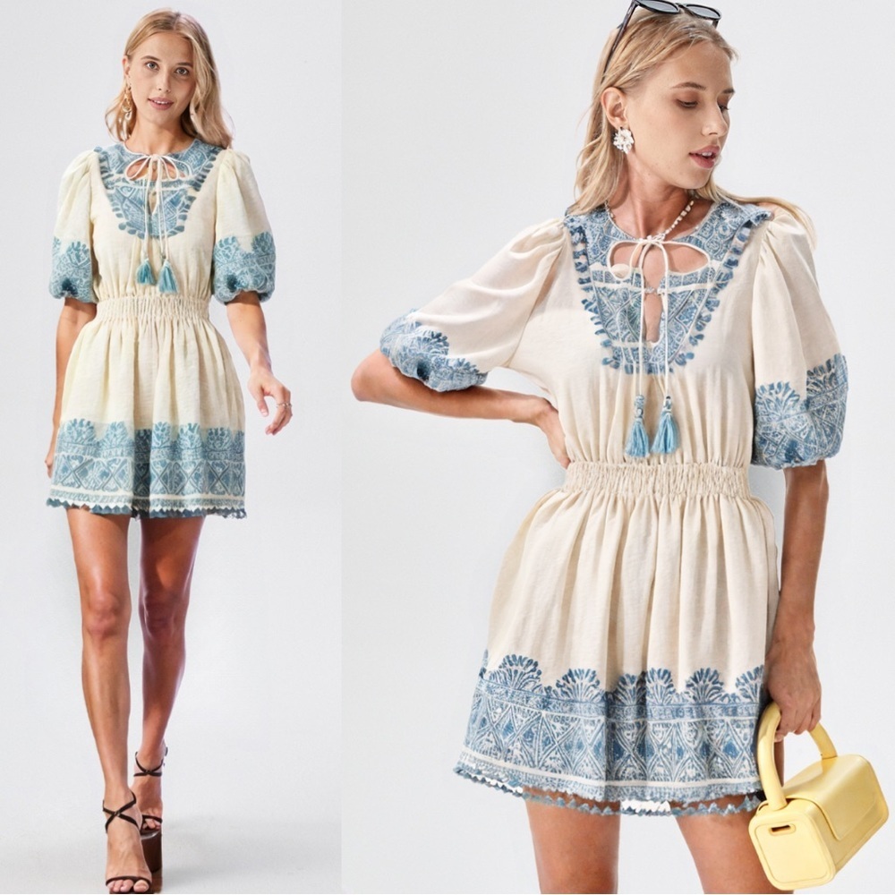 Zimmermann Helm Split Neck Jacquard Fringe Tassel Linen Lace Mini Dress